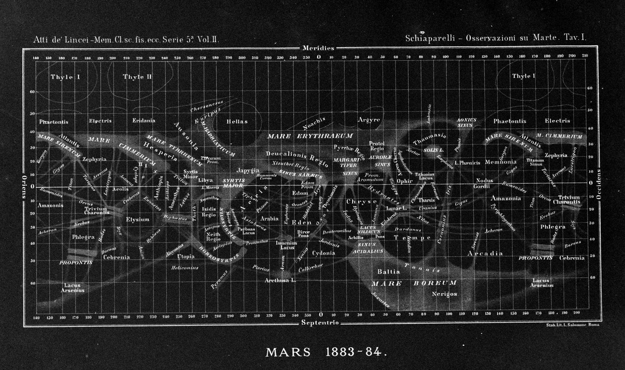 Mappa del pianeta Marte di Giovanni Virginio Schiaparelli (1835-1910) astrofisico. Osservò configurazioni rettilinee sul pianeta Marte, che chiamò canali marziani (canali). 1883-1884 da Giovanni Schiaparelli