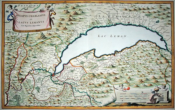Lago di Ginevra, da un libro di città in due volumi di Savoia e Piemonte, inciso da Joannes de Broen da Giovanni Tommaso (after) Borgionio