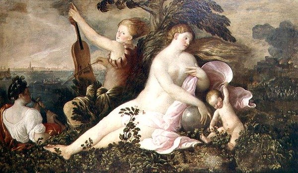 Allegoria di una vittoria veneziana, la figura centrale della Fortuna o Caso accompagnata da figure che simboleggiano Natura e Musica da Giovanni de Busi Cariani