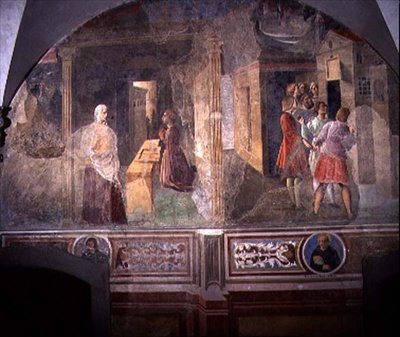 San Benedetto che ripara il setaccio rotto, dettaglio dal ciclo di affreschi della Vita di San Benedetto dal Chiostro degli Aranci da Giovanni di Consalvo (attr. to)
