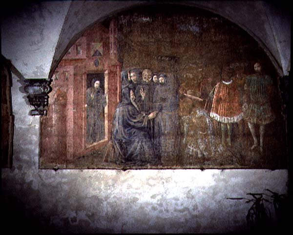 San Benedetto e il messaggero del re Totila, dettaglio dal ciclo di affreschi della Vita di San Benedetto dal Chiostro degli Aranci da Giovanni di Consalvo (attr. to)