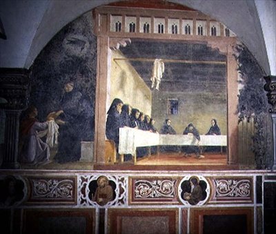 San Benedetto e il pane avvelenato, dettaglio dal ciclo di affreschi della Vita di San Benedetto dal Chiostro degli Aranci c.1430 da Giovanni di Consalvo (attr. to)