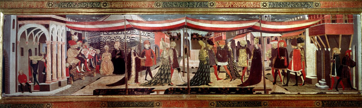Cerimonia di matrimonio nel pannello rinascimentale che decora il Cassone Adimari. Scena di matrimonio in Piazza del Duomo. Coppie nel corteo avanzano sotto un baldacchino da Giovanni di Ser Giovanni Scheggia