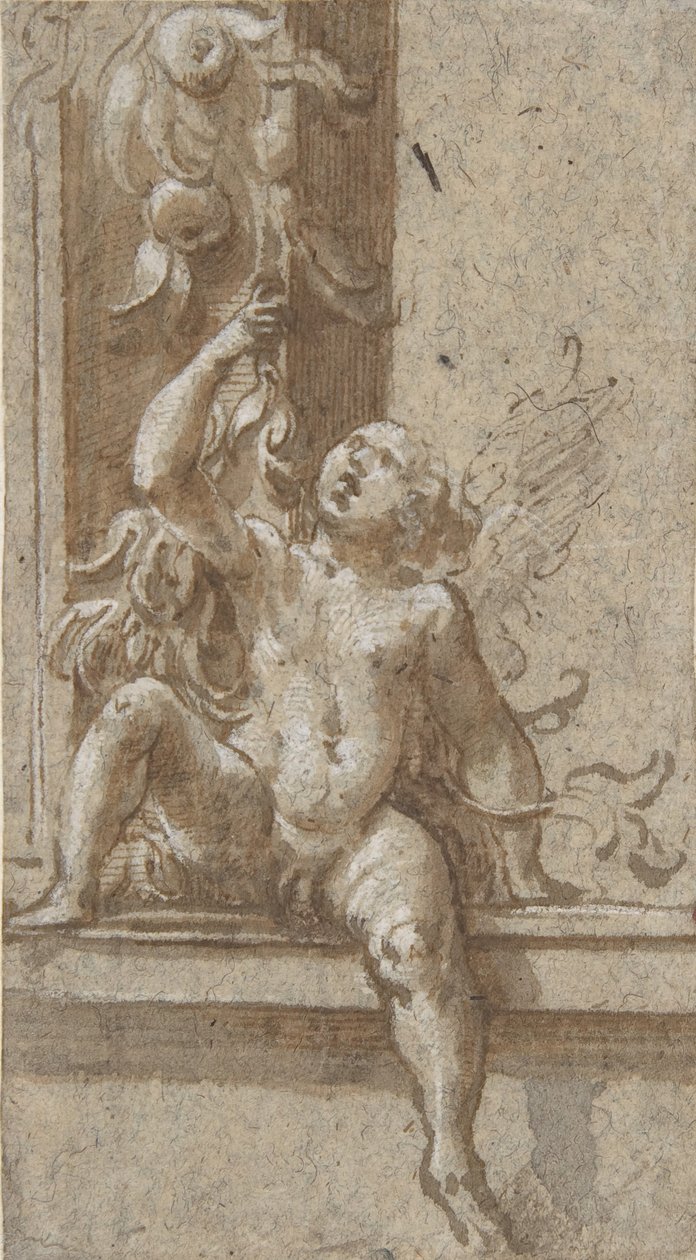 Un putto seduto su una cornice, ca. 1538-40 da Girolamo Mazzola Bedoli