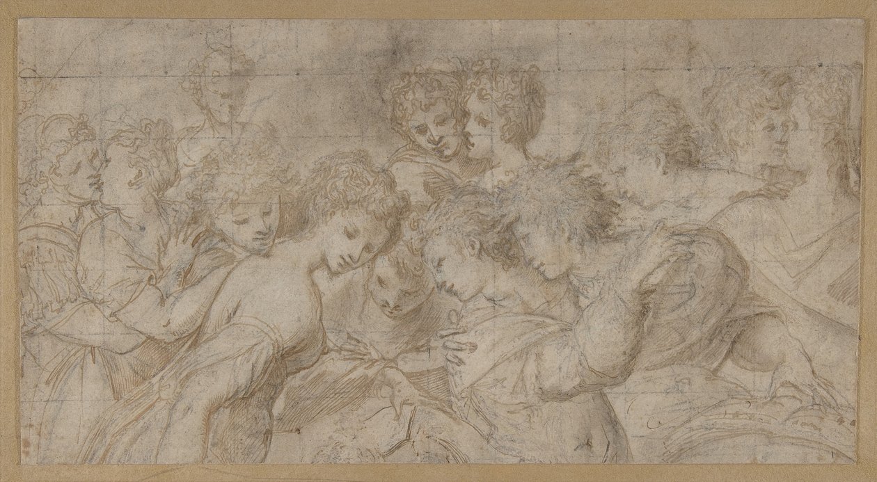 Figure femminili abbracciate, alcune con spartiti musicali, 1570-73 da Girolamo Mirol.