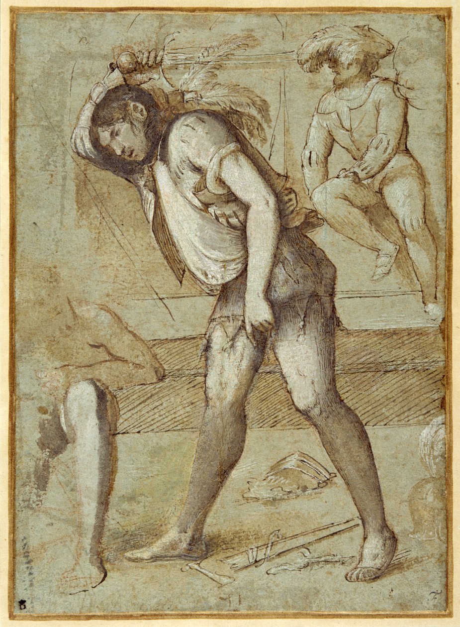 Un boia sta per decapitare un santo barbuto da Girolamo Romanino