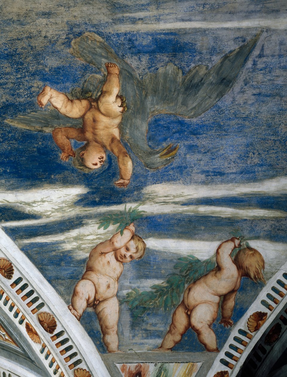 Ratto di Ganimede e putti, nicchie a mosaico e statue (dettaglio) da Girolamo Romanino