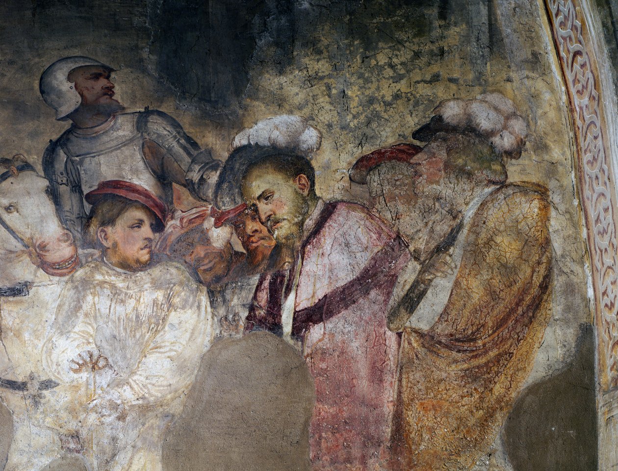 Soldato in armatura e uomini con cappelli, (dettaglio) affresco di Girolamo Romanino, parete sinistra del presbiterio della Chiesa di Sant