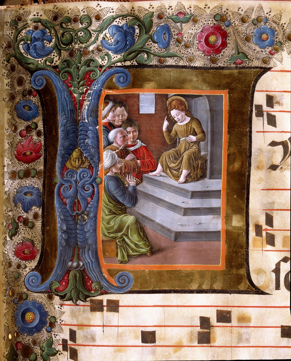 Lettera decorata raffigurante il Bambino Gesù e i Dottori da Girolamo da Cremona
