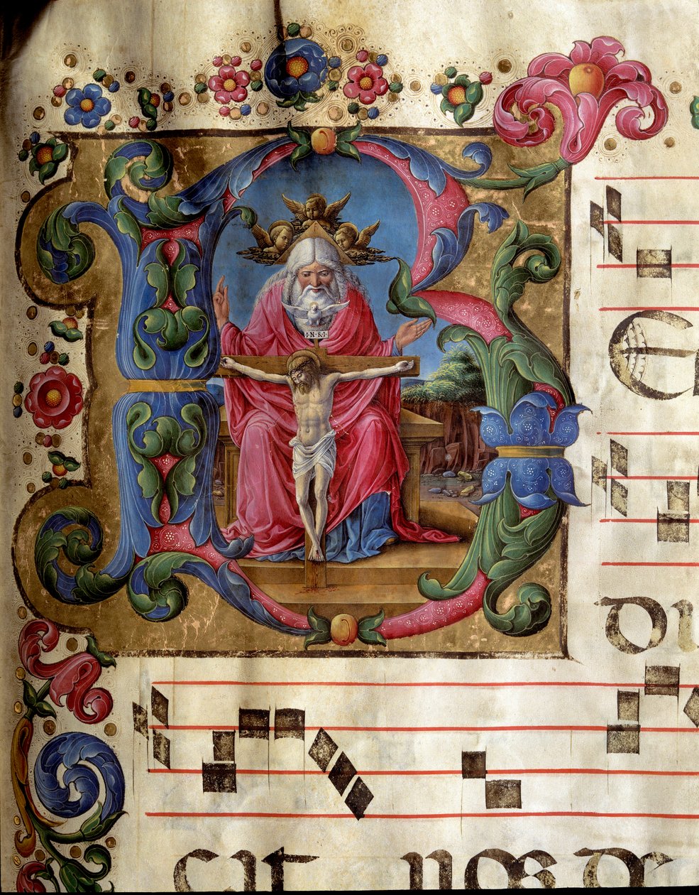 Lettrine B decorata rappresentante la Santissima Trinità (Trono di Grazia) Dio, Gesù Cristo e la colomba dello Spirito Santo. Miniatura di Girolamo da Cremona (attivo intorno al 1451-1483) da un coro (Cod. 10/L. c.81v) del Duomo di Siena. XV secolo da Girolamo da Cremona