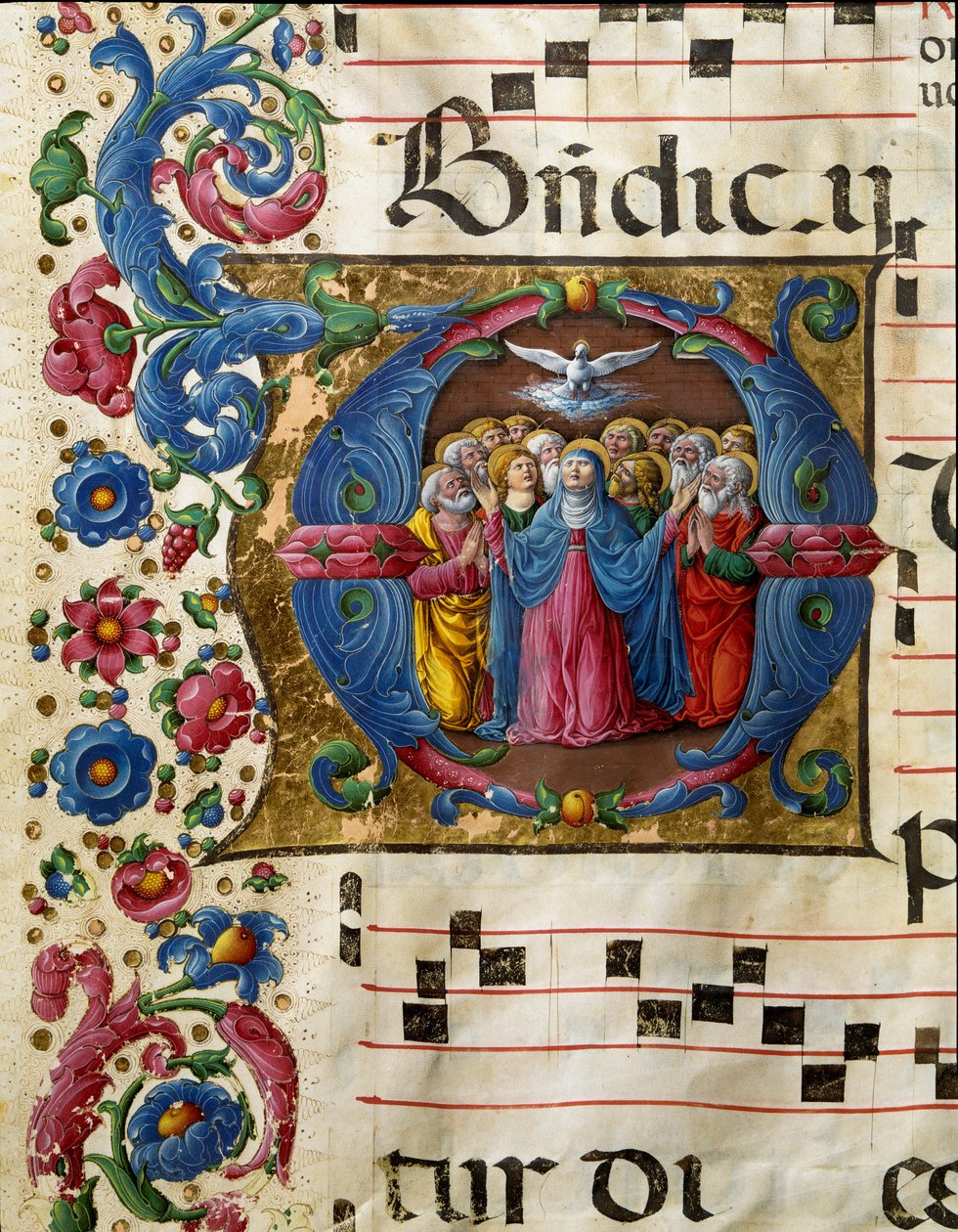 La colomba dello Spirito Santo appare alla Vergine Maria e agli apostoli da Girolamo da Cremona