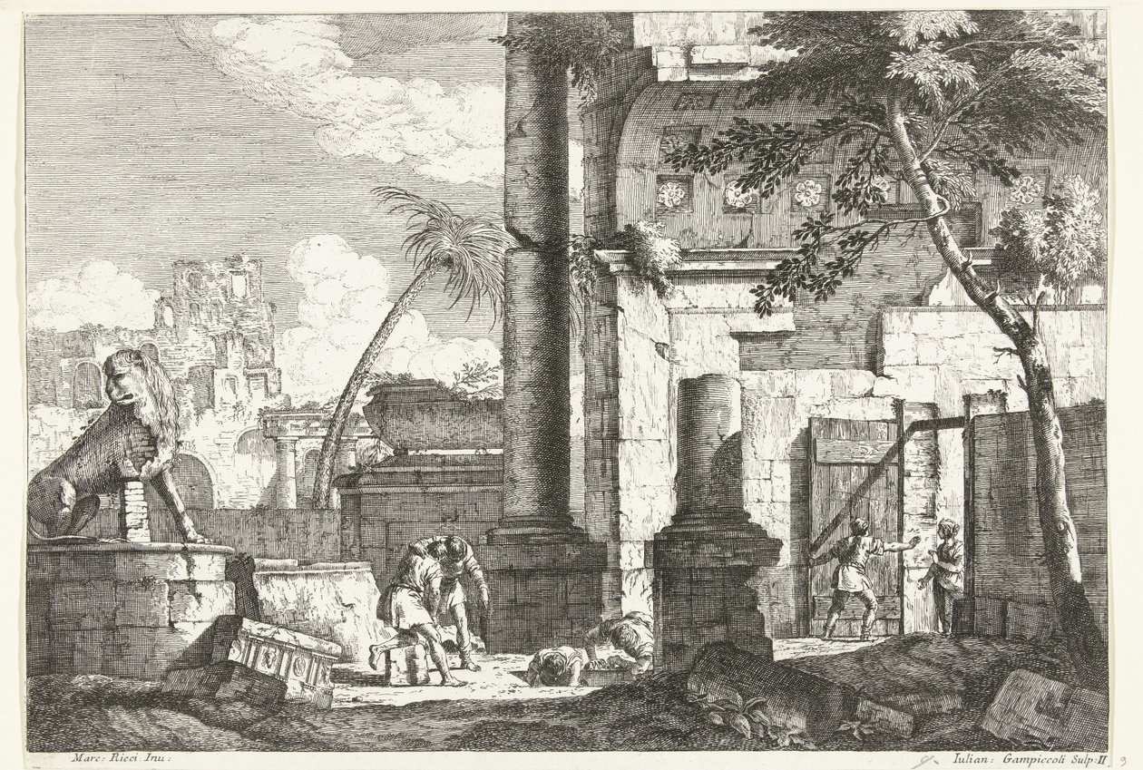 Rovine antiche con saccheggiatori di tombe e palma (paesaggi italiani) da Giuliano Giampiccoli