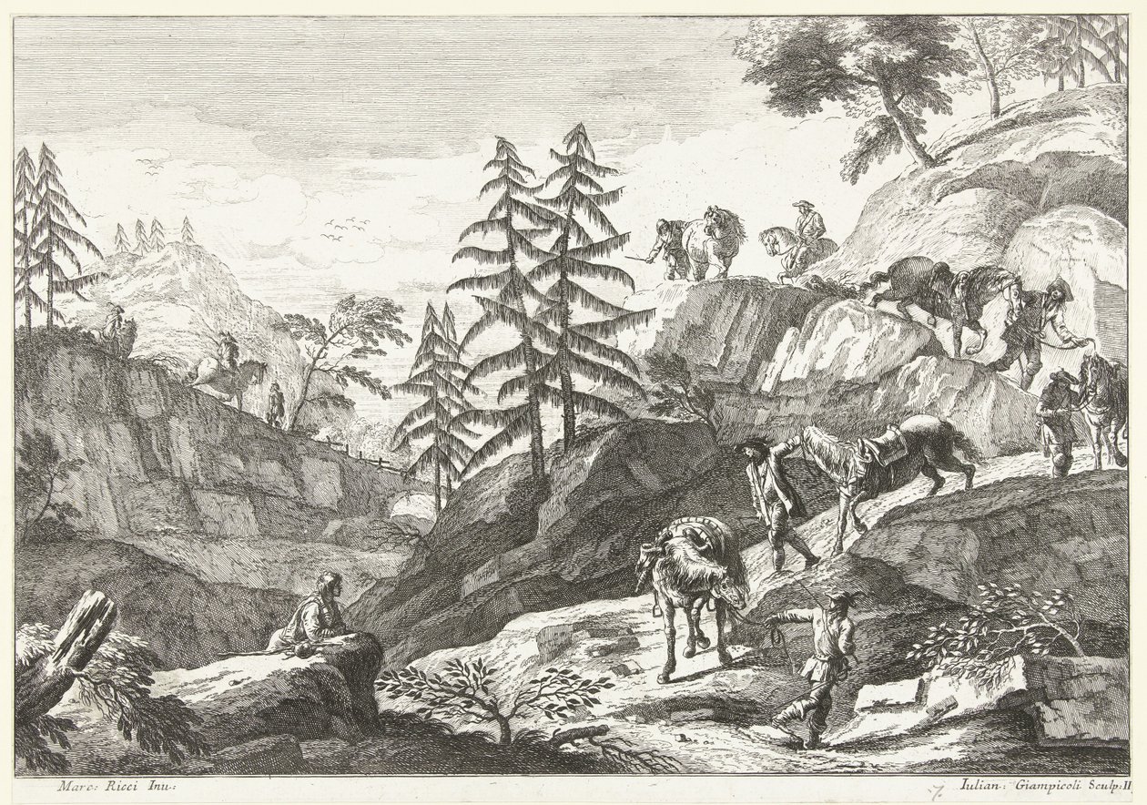 Paesaggio montano con cavalieri che conducono cavalli in discesa (Paesaggi italiani) da Giuliano Giampiccoli