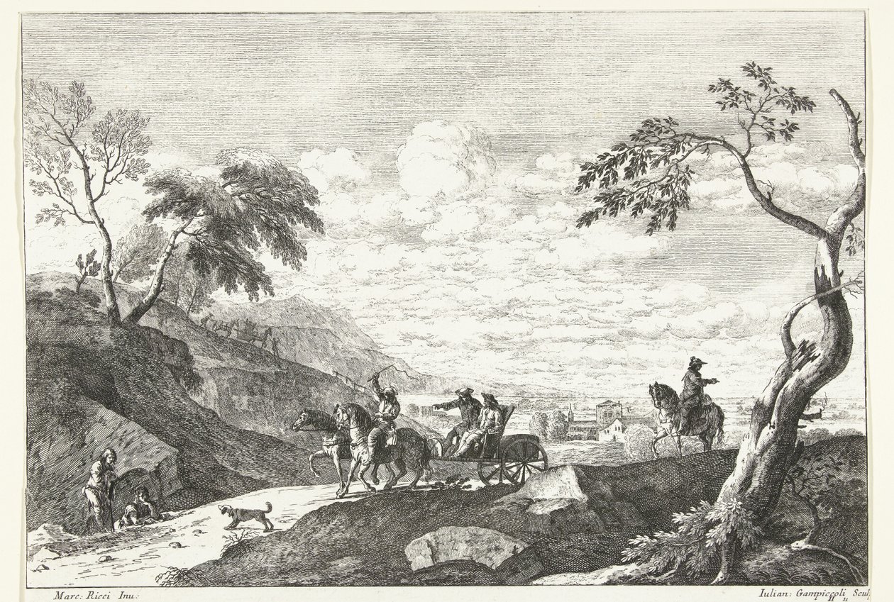 Paesaggio collinare con due uomini in carrozza (Paesaggi italiani) da Giuliano Giampiccoli