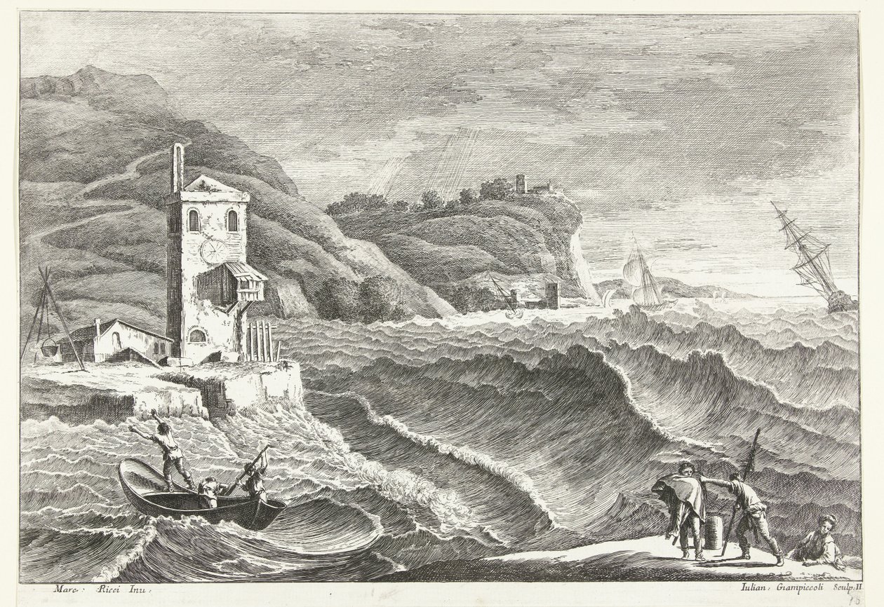 Paesaggio costiero con tempesta in mare e faro da Giuliano Giampiccoli