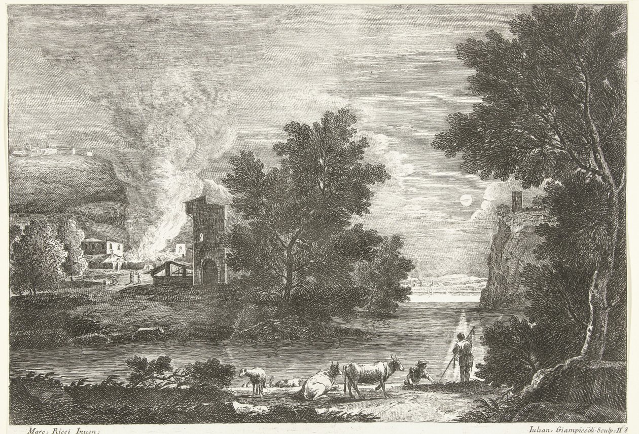 Paesaggio al chiaro di luna con incendio (Paesaggi italiani) da Giuliano Giampiccoli