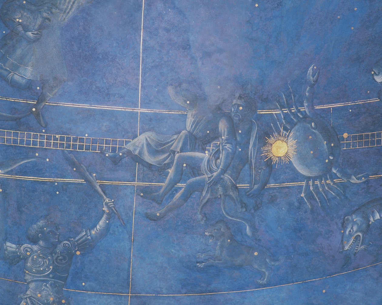 Il Percorso del Sole attraverso le stelle nella notte del 4 luglio 1442, dettaglio di Gemelli e Cancro, dal soffitto sopra l