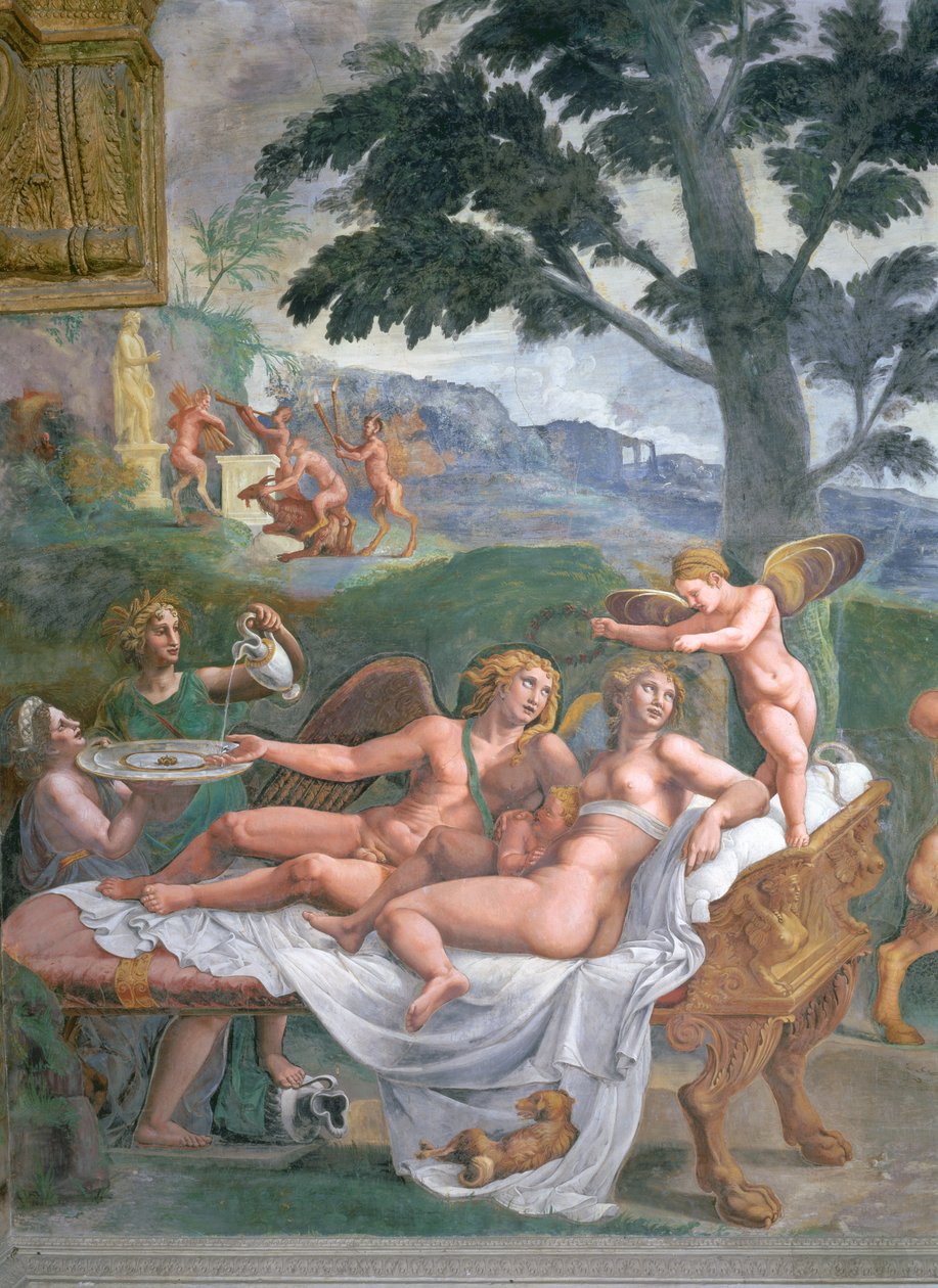 Cupido e Psiche con la loro figlia Voluttà, serviti da Cerere e Giunone (dettaglio del banchetto nobile) da Giulio Romano