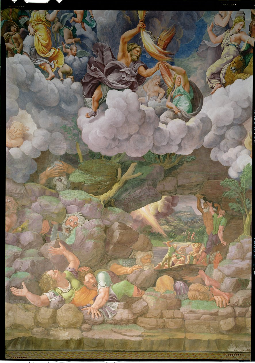 Olimpo e Zeus che distruggono i giganti ribelli, dettaglio da una delle pareti della Sala dei Giganti, 1530-32 da Giulio Romano