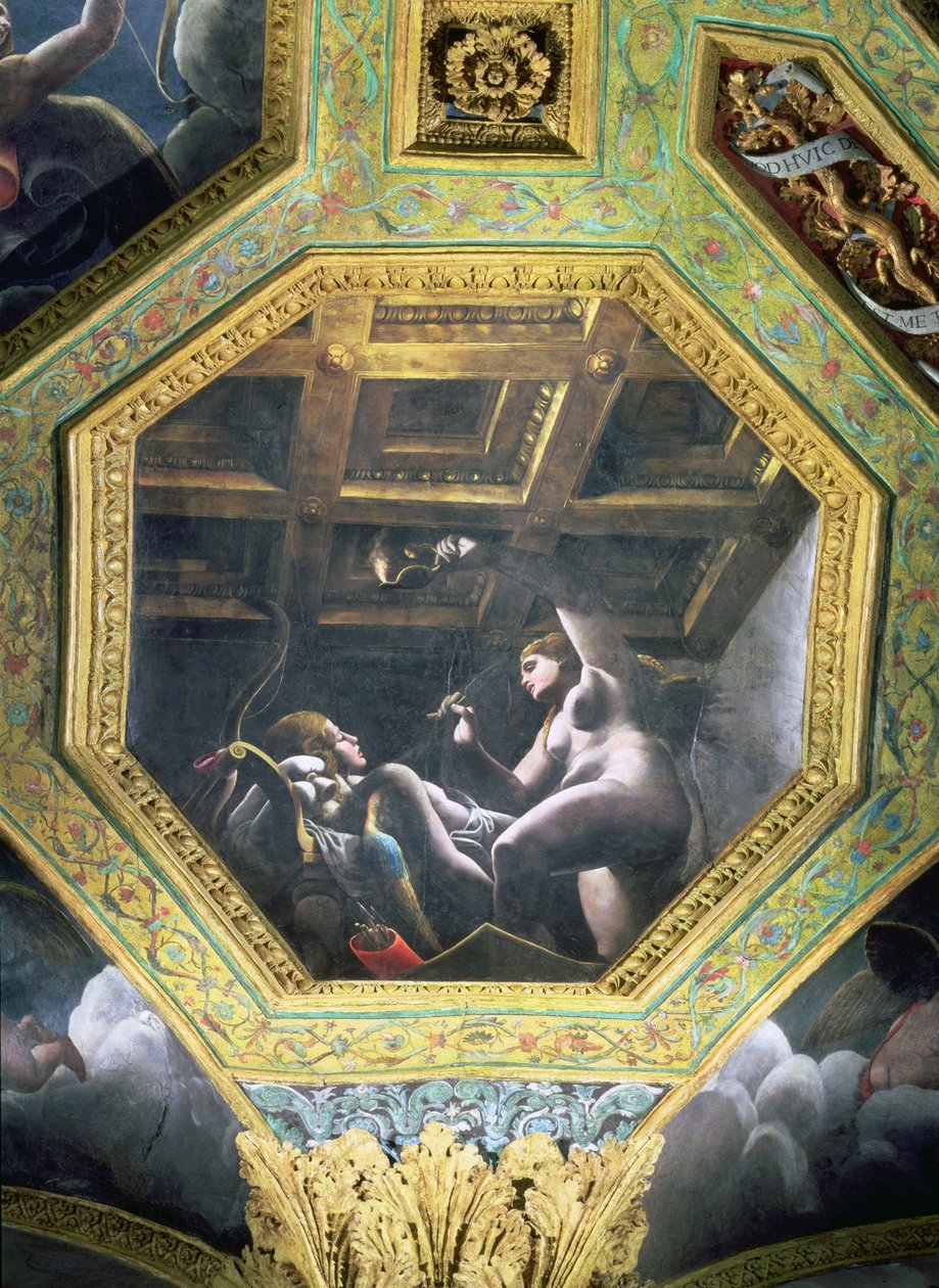 Psiche vede Cupido mentre dorme, cassetta del soffitto dalla Sala di Amore e Psiche, 1528 da Giulio Romano
