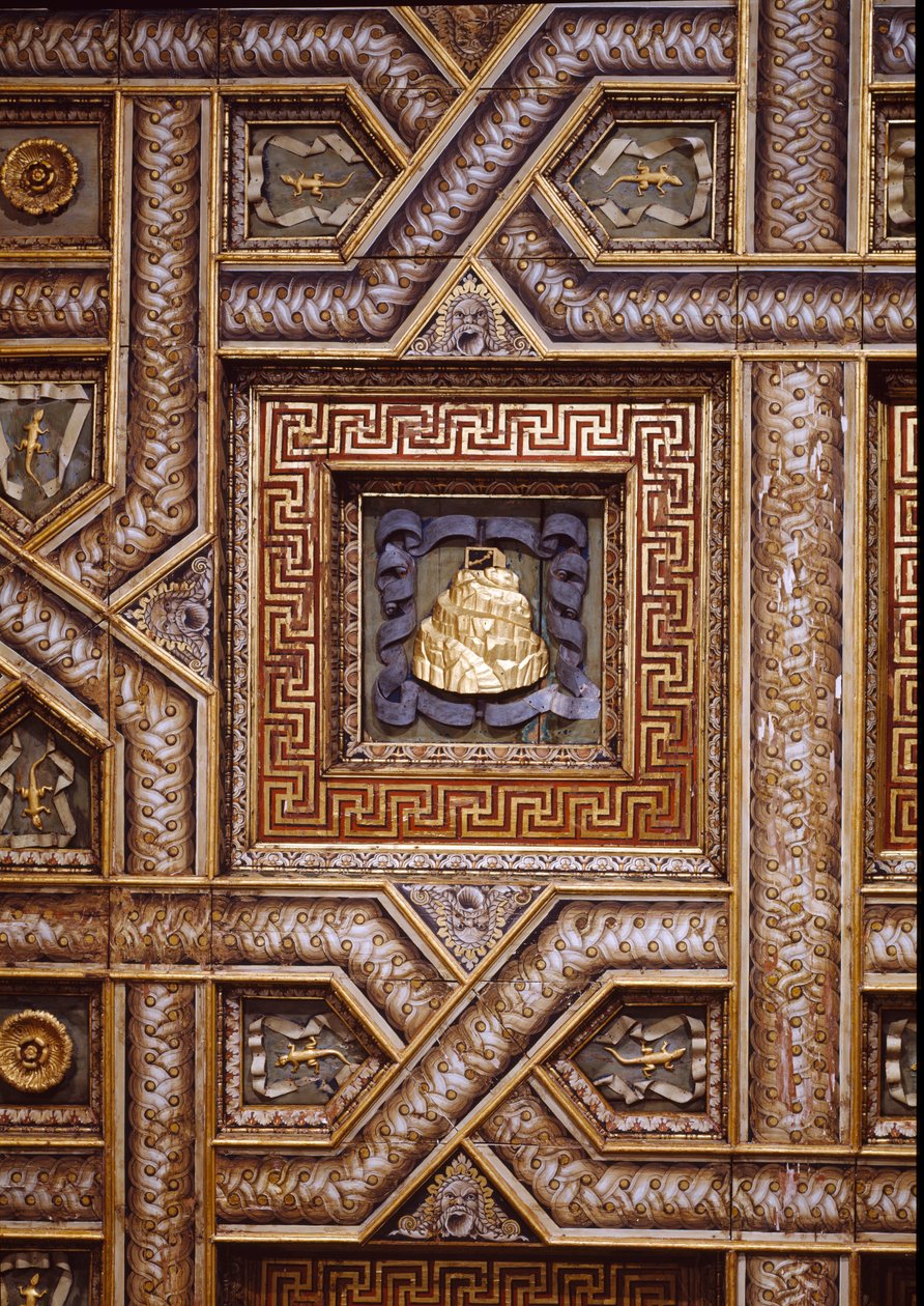 Sala dei Cavalli, veduta del soffitto con le impresse scolpite dei Gonzaga del Monte Olimpo, lucertole e rosette ornate bordate da motivi a meandro trompe l