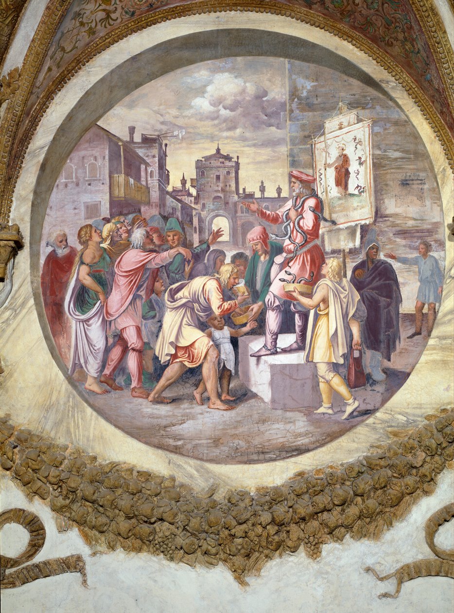 Scena che mostra che coloro nati sotto il segno del Capricorno in congiunzione con la costellazione di Serpentario o Ofiuco saranno incantatori di serpenti, simboleggiati da un venditore di teriaca, un antidoto contro i veleni da Giulio Romano