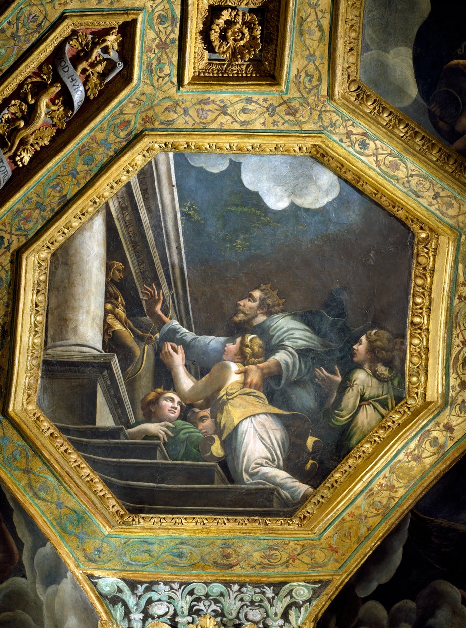 Figure supplicanti sui gradini di un grande palazzo, cassettoni del soffitto dalla Sala di Amore e Psiche, 1528 da Giulio Romano