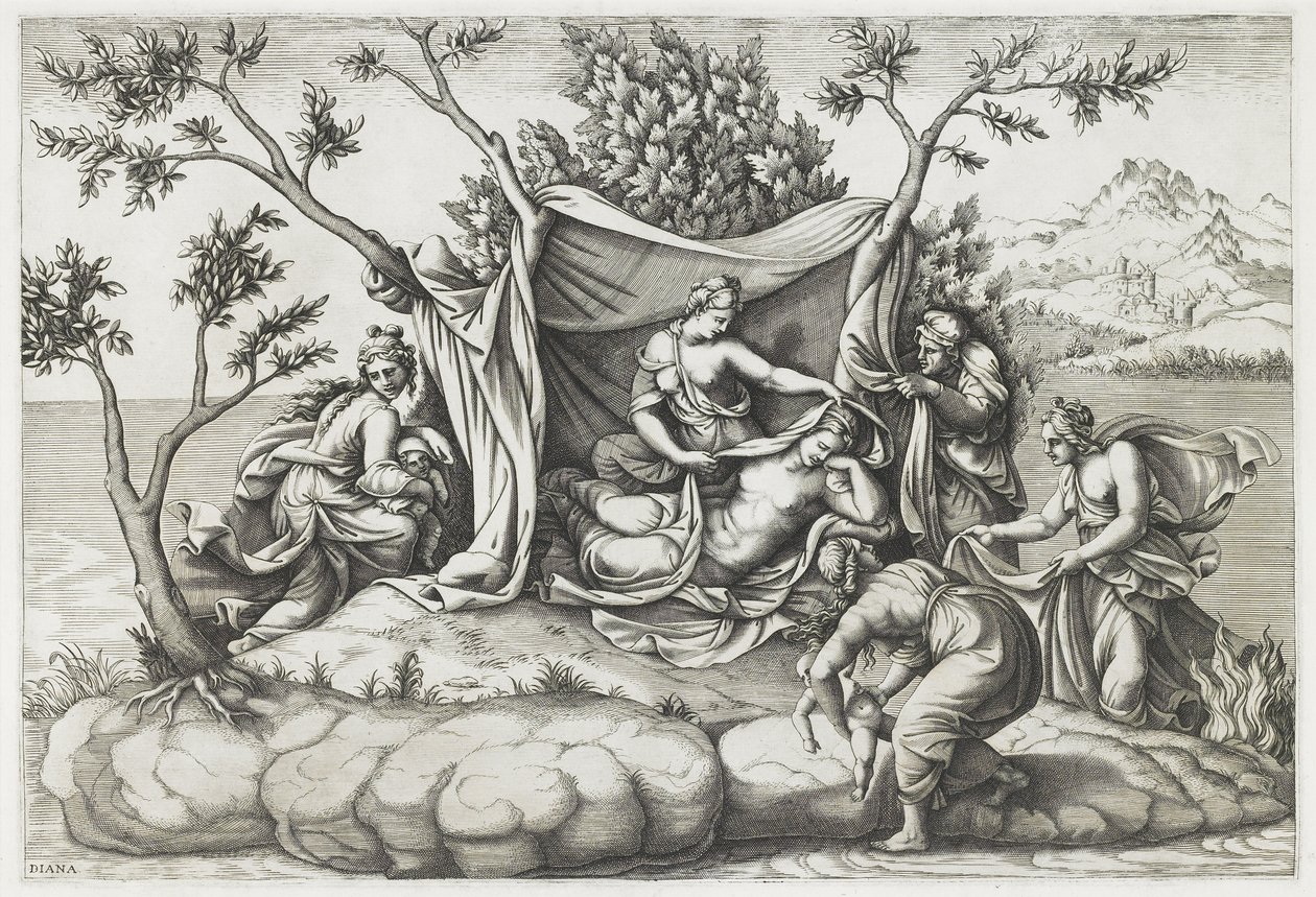 Latona dà alla luce Apollo e Diana, inciso da Diana Mantovana da Giulio (after) Romano