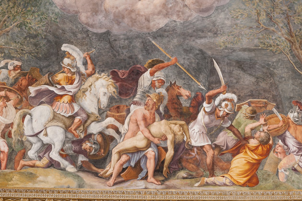 Aiace protegge il cadavere di Patroclo durante la battaglia di Troia, Il cavallo di Troia, Camera di Troia (Sala di Troia) da Giulio (and workshop) Romano