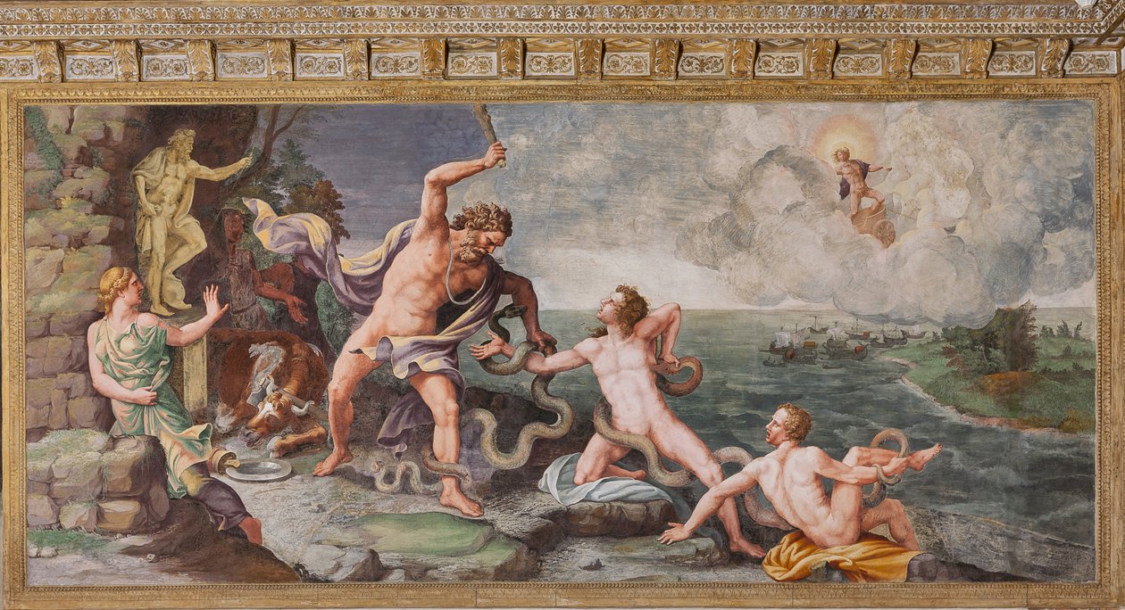 Laocoonte e i suoi figli attaccati dai serpenti, Il Cavallo di Troia, Camera di Troia (Sala di Troia) da Giulio (and workshop) Romano