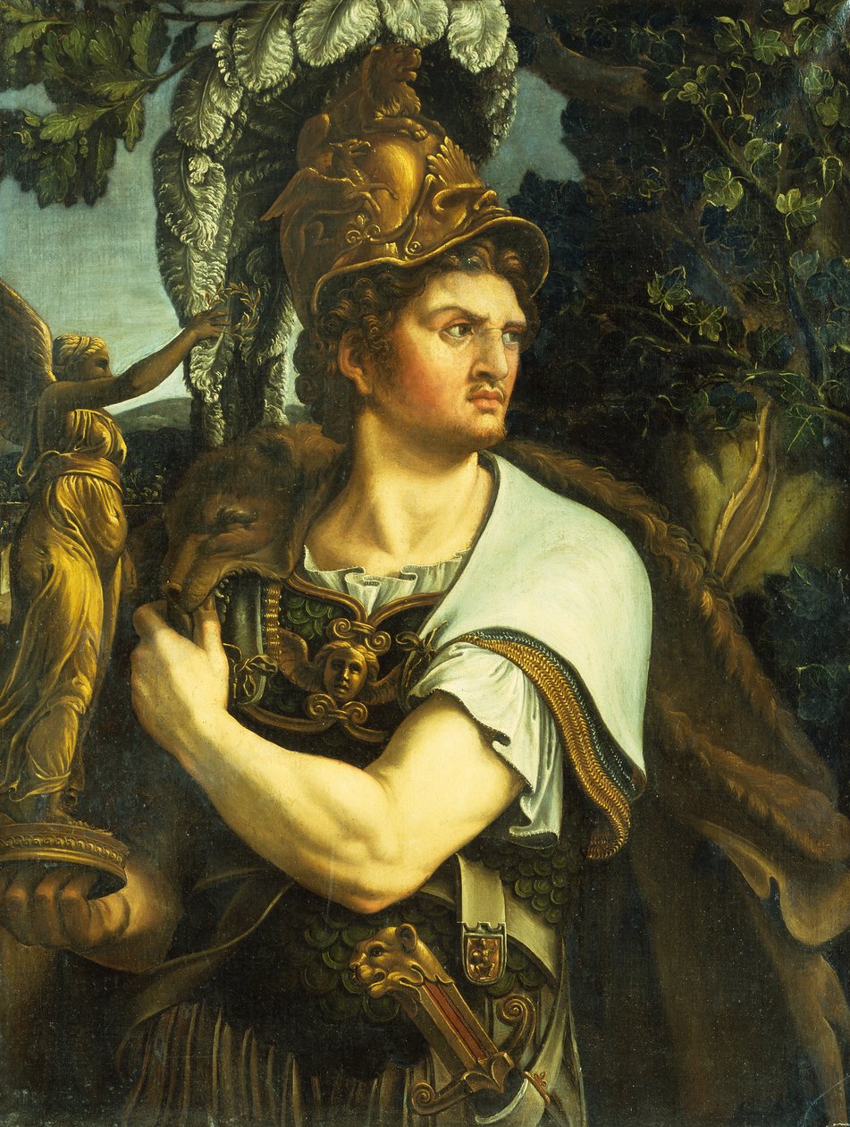 Ritratto di Alessandro Magno con in mano una statua dorata della Vittoria (olio su tela) da Giulio (circle of) Romano