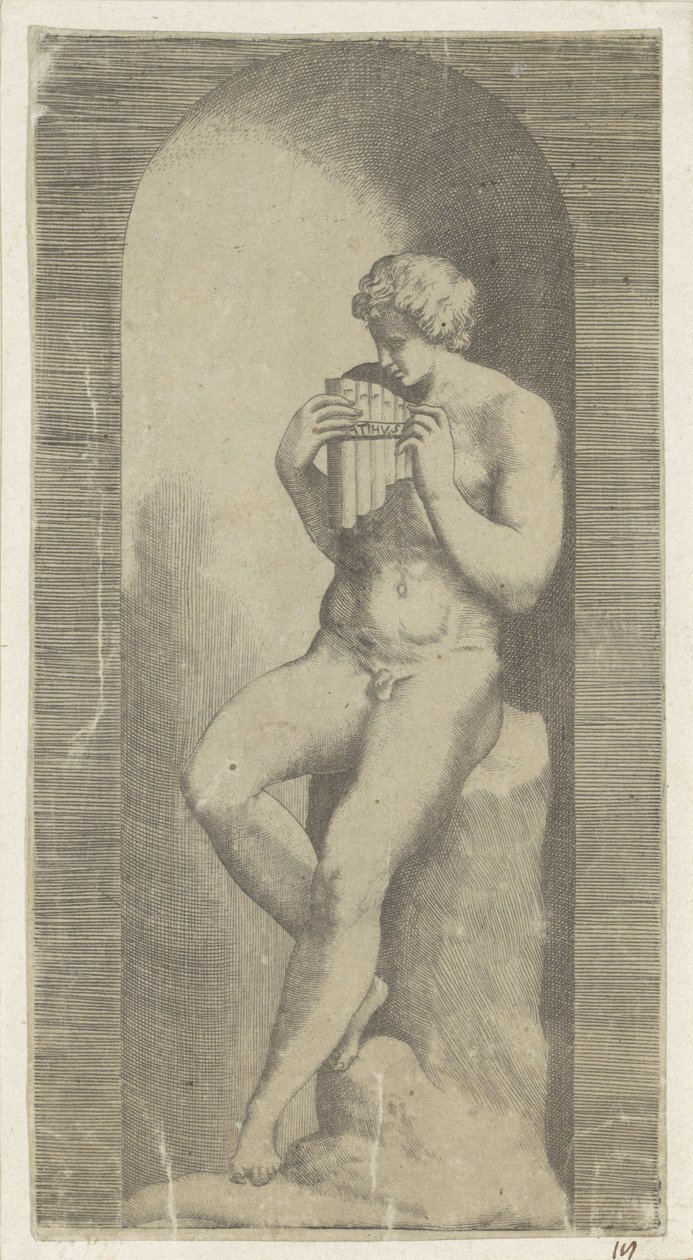 Uomo nudo con flauto di Pan in una nicchia da Giulio Bonasone (possibly)