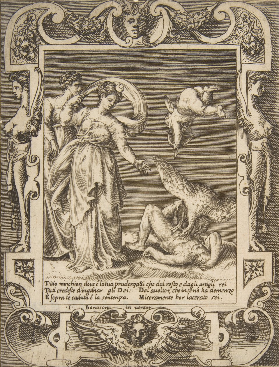 Un avvoltoio che mangia le interiora di Tizio, Cupido sopra due donne a sinistra, inserito in una cornice elaborata, 1531-76 da Giulio Bonasone