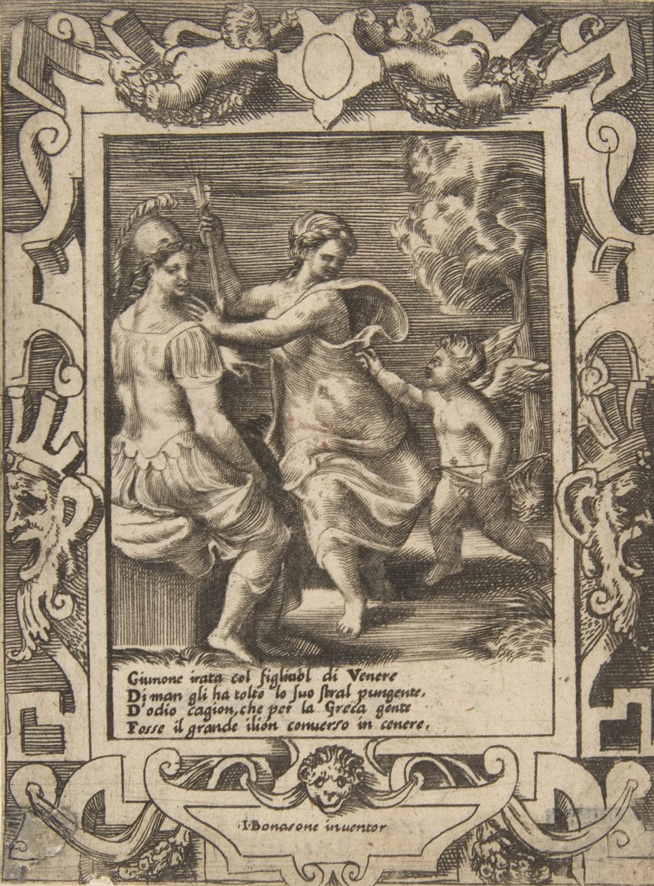 Atena seduta vicino a Giunone che ha preso le frecce di Cupido, inserita in una cornice elaborata da Giulio Bonasone