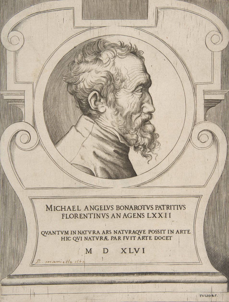 Ritratto busto di Michelangelo rivolto a destra, inserito in un cartiglio da Giulio Bonasone