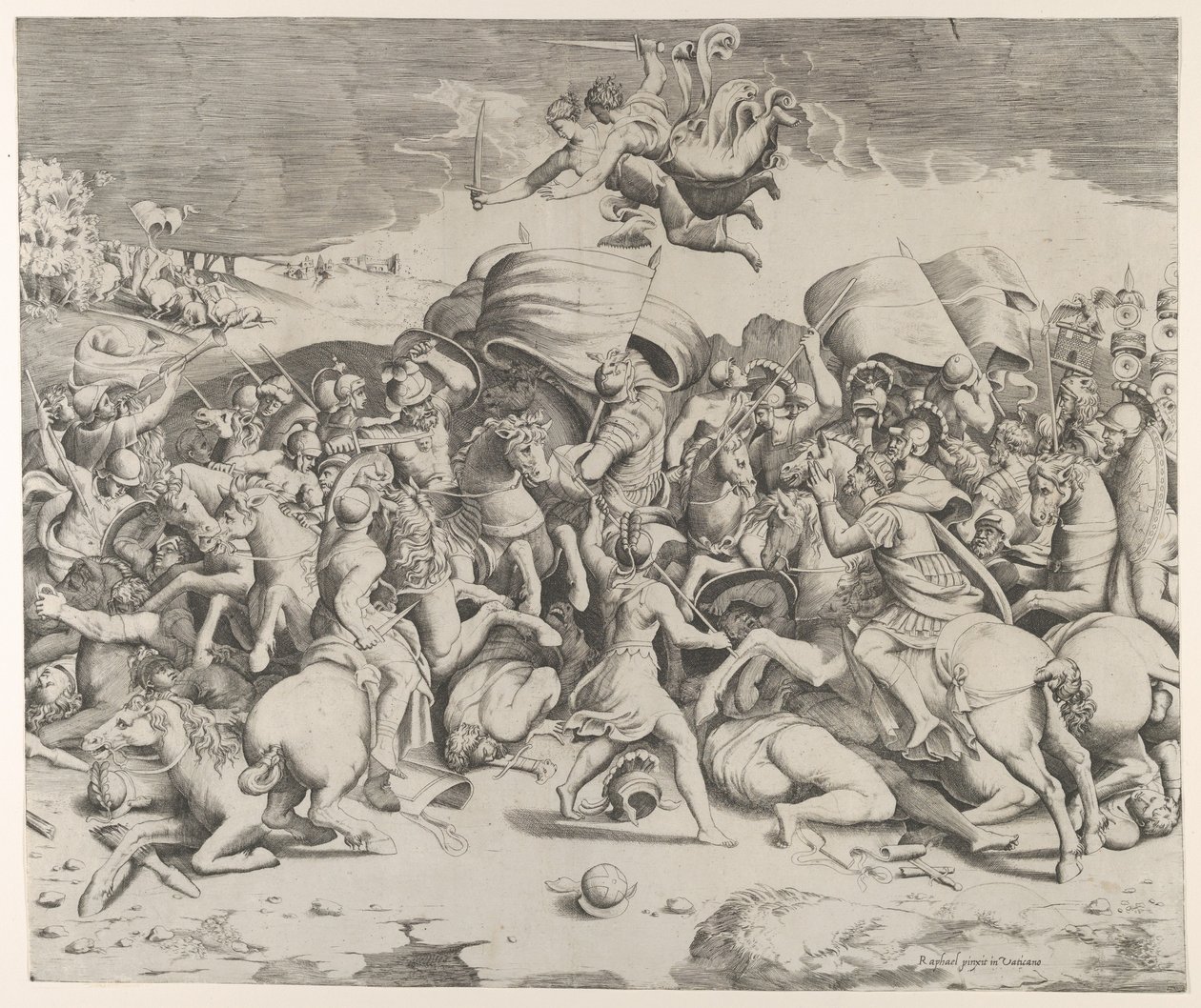 Costantino sconfigge il tiranno Massenzio, angeli con spade volano sopra, 1544 da Giulio Bonasone