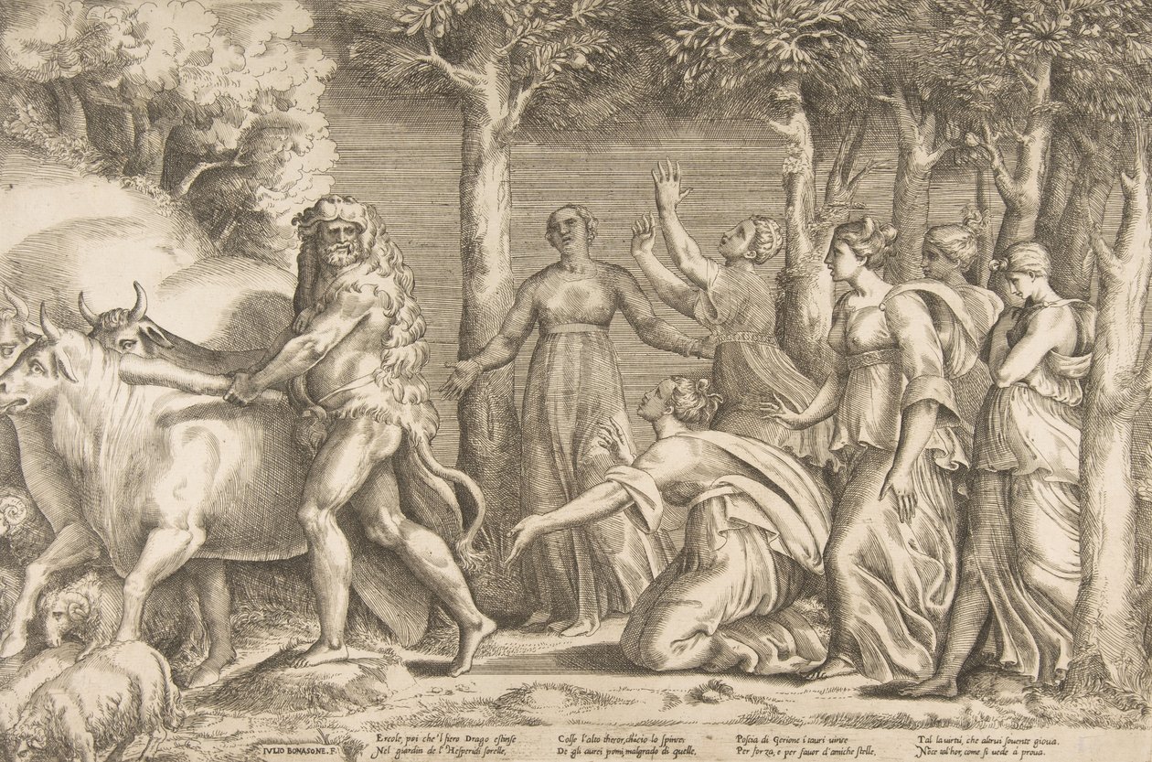 Ercole che scaccia il bestiame di Gerione, a destra le ninfe delle Esperidi, 1531-76 da Giulio Bonasone