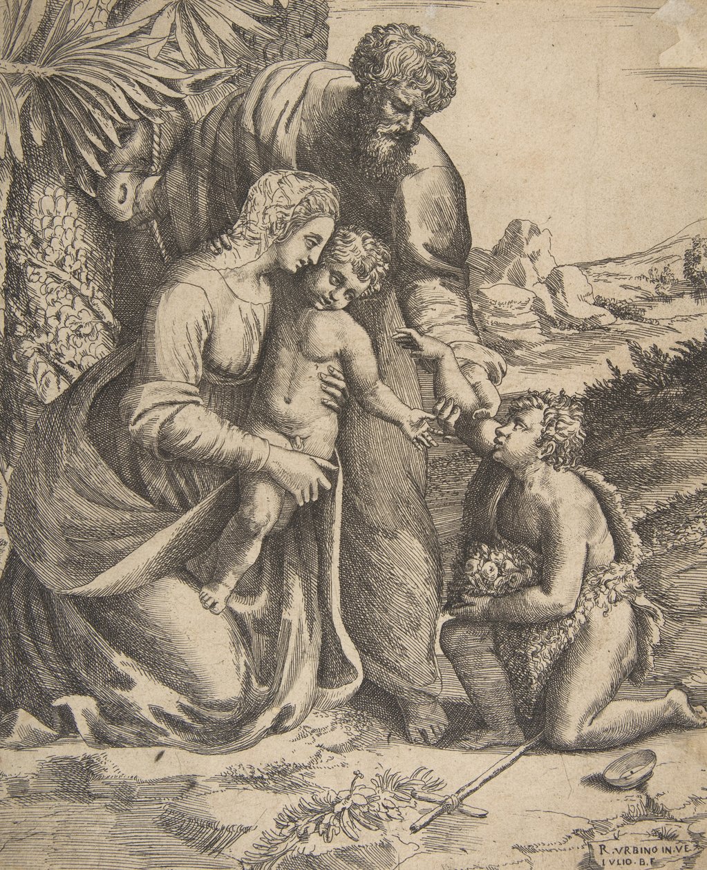 Sacra Famiglia con San Giovanni Battista che si inginocchia a destra, 1531-76 da Giulio Bonasone