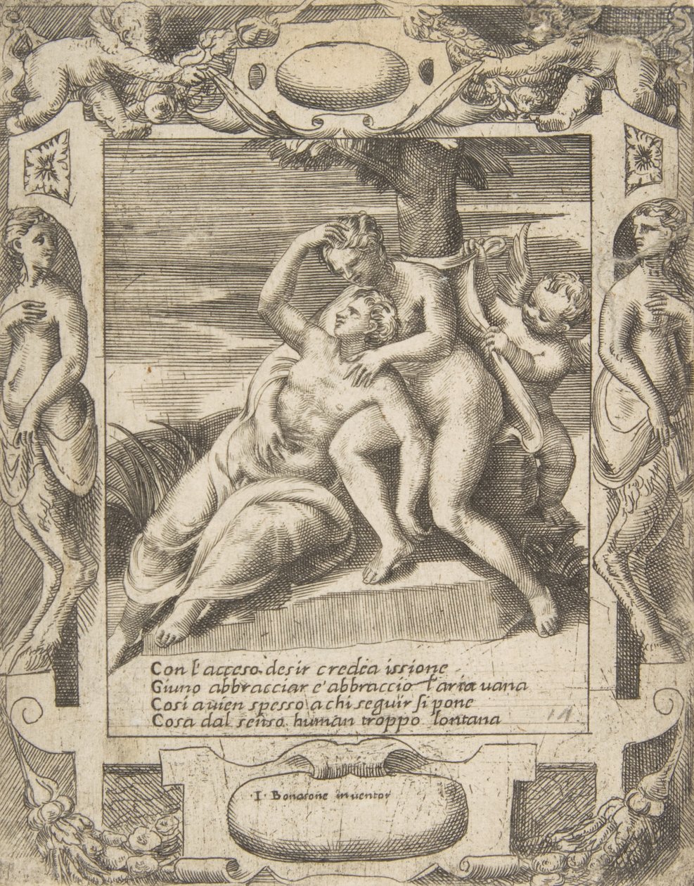 Issione che abbraccia una nuvola, pensando che sia Giunone, Cupido a destra, inserito in un elaborato..., 1531-76 da Giulio Bonasone