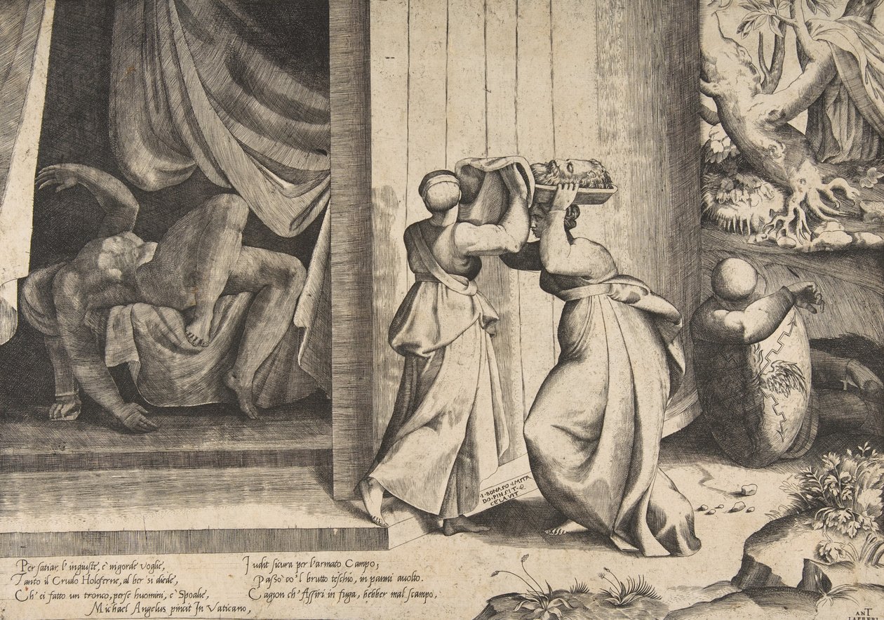 Giuditta passa la testa di Oloferne alla sua serva, Oloferne decapitato da Giulio Bonasone
