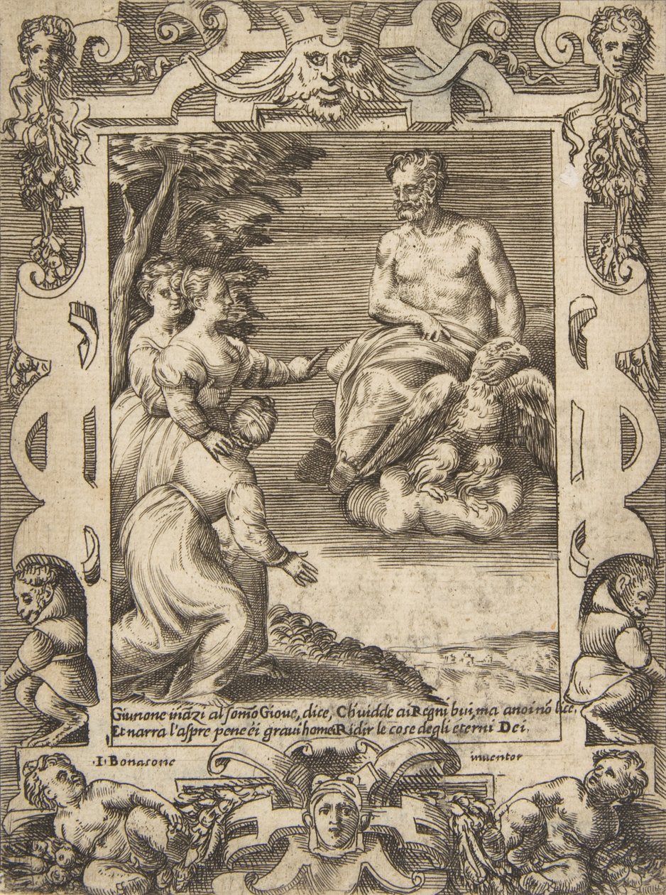 Giunone a sinistra chiede a Giove di aiutare i Greci, inserito in una cornice elaborata da Giulio Bonasone