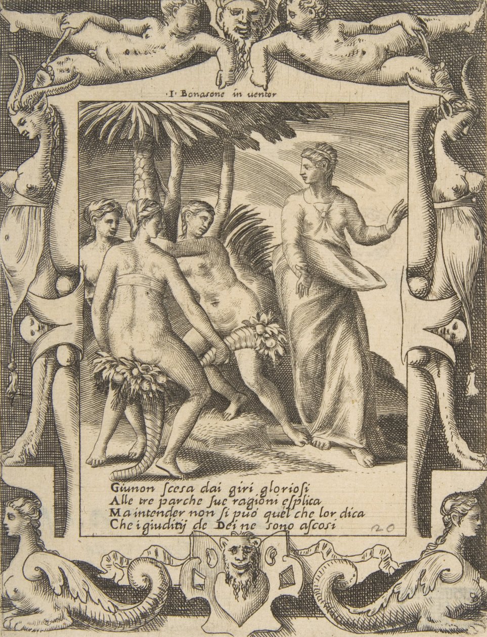 Giunone a destra che si gira e parla alle Parche, inserita in una cornice elaborata, 1531-76 da Giulio Bonasone