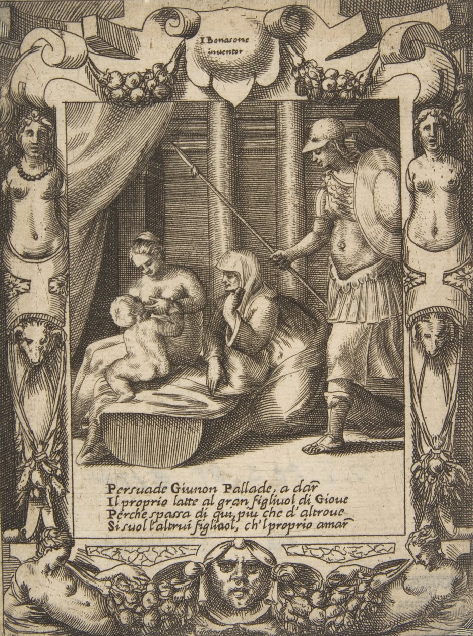 Giunone persuade Atena a nutrire il giovane Ercole, inserita in una cornice elaborata, da, 1531-76 da Giulio Bonasone