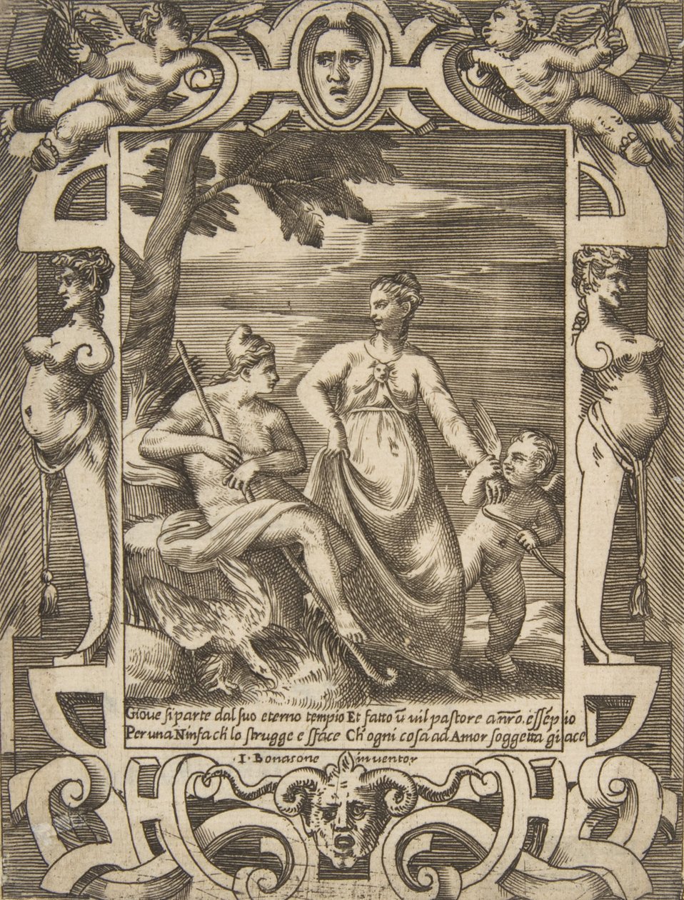 Giove a sinistra in forma di pastore accompagnato da Mnemosine, inserito in un elabo..., 1531-76 da Giulio Bonasone