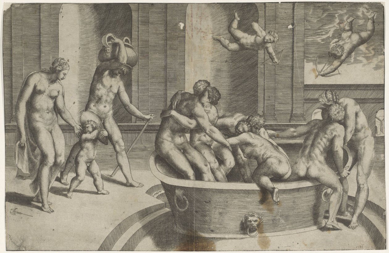 Uomini e donne in una grande vasca da bagno da Giulio Bonasone