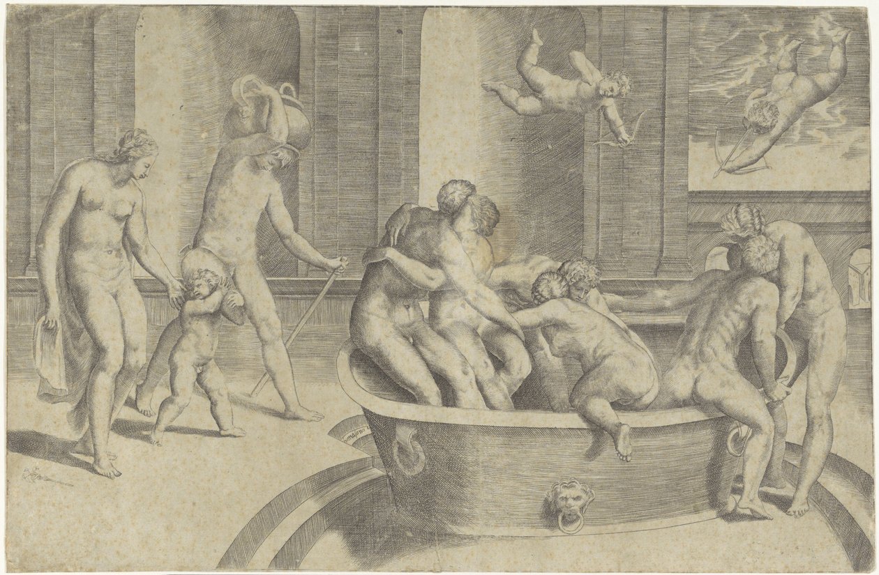 Uomini e donne in una grande vasca da bagno da Giulio Bonasone
