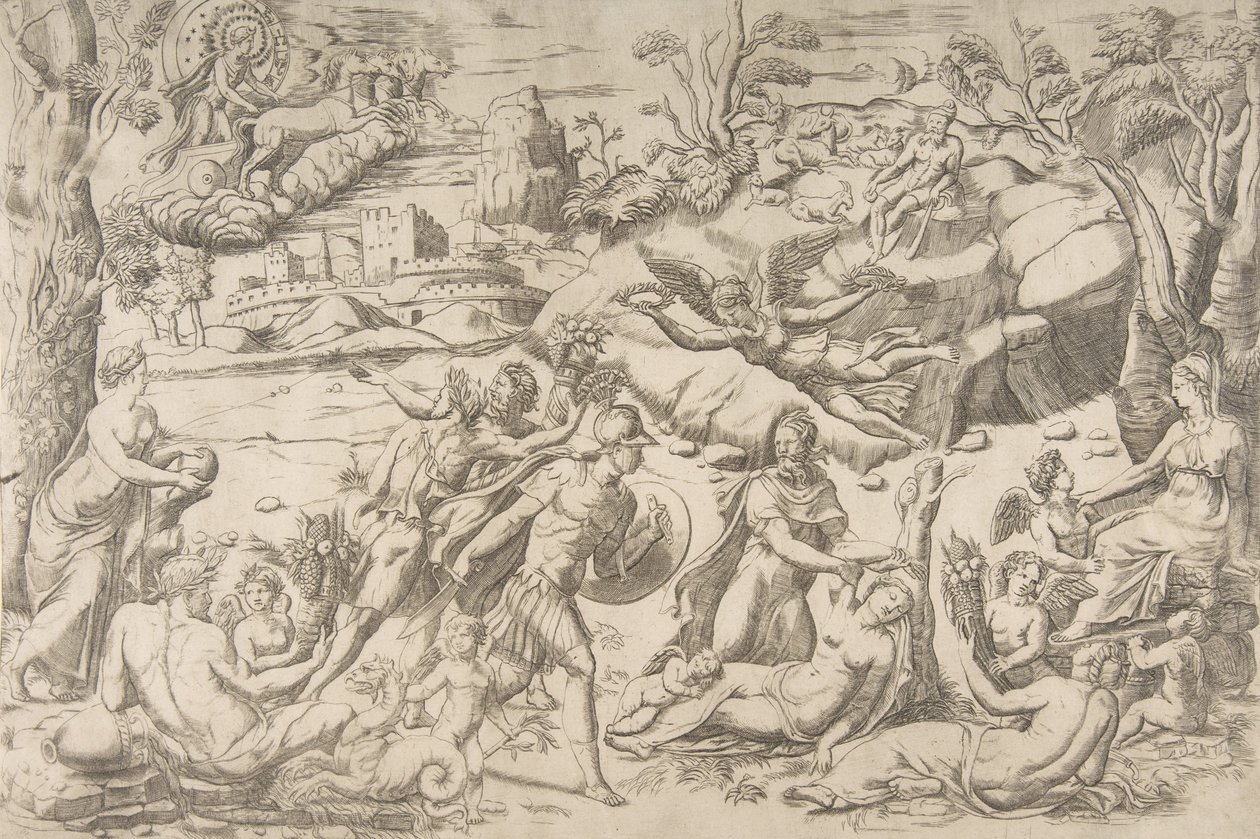 Marte e Rea Silvia: al centro Marte tiene uno scudo e una spada, Rea Silvia dorme..., ca. 1531-76 da Giulio Bonasone
