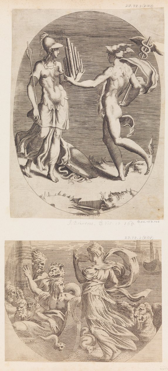Mercurio presenta un flauto di Pan a Minerva da Giulio Bonasone