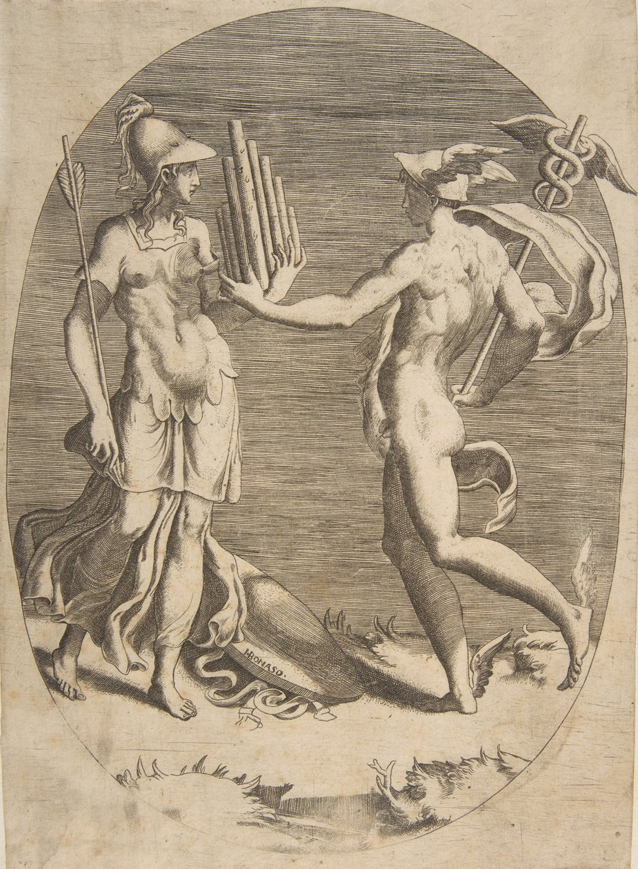 Mercurio presenta un flauto di Pan a Minerva che sta a sinistra, una composizione ovale da Giulio Bonasone