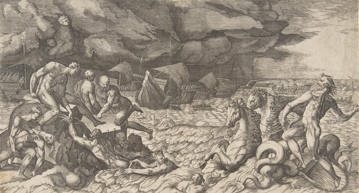 Nettuno calma la tempesta sollevata da Eolo contro la flotta di Enea, 1531-76 da Giulio Bonasone